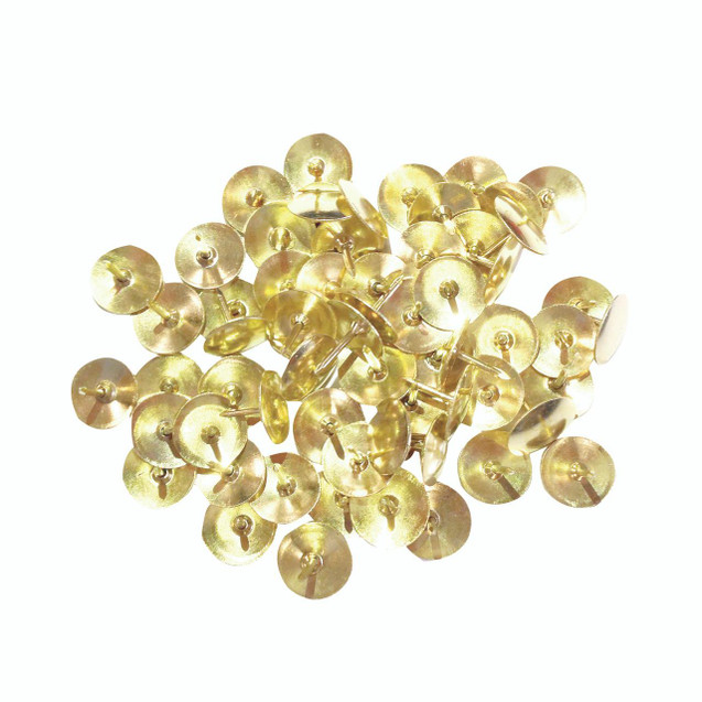 CW Office Brass Drawing Pins 9.5MM PK1000, a collection of gold-colored brass drawing pins with round flat heads and sharp points arranged in a pile.
