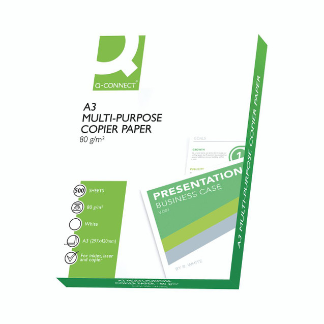 CW Office Q-Connect Copier Paper A3 WHT PK2500, a white multi-purpose copier paper package with green and white design showing specifications of 80 gsm, 500 sheets, and suitable for inkjet, laser, and copier printing.