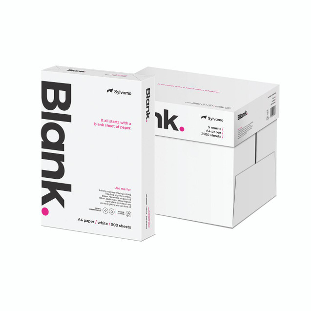 CW Office Blank A4 Copier Paper PK2500, image of two white paper boxes with branding and product details for office use.