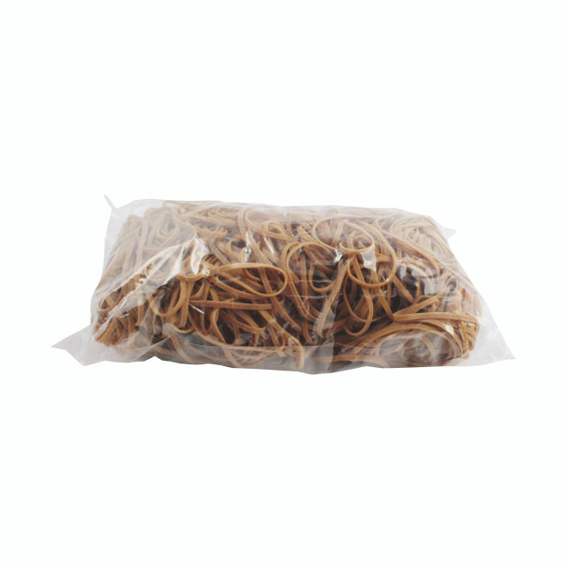 CW Office Size 33 Rubber Bands 454G, a transparent plastic bag filled with light brown rubber bands.