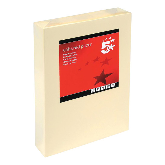 CW Office A4 Coloured Copier Paper Lcrm PK500, cream-colored ream of A4-sized colored copier paper with red and black packaging label featuring star graphics and text.