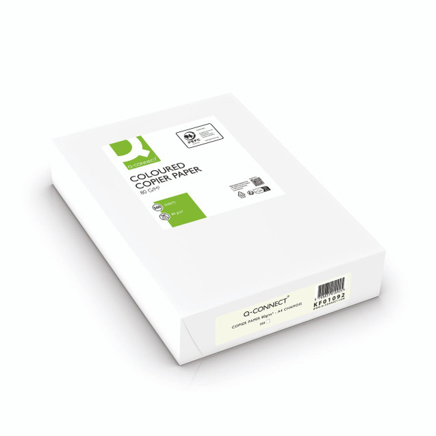 CW Office Q-Connect Crm A4 Copier Paper PK500, white box of A4 photocopy paper with green and black label showing product details.