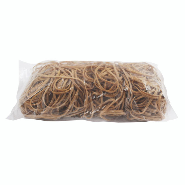 CW Office Size 38 Rubber Bands 454G, a transparent plastic bag filled with small, light brown rubber bands.