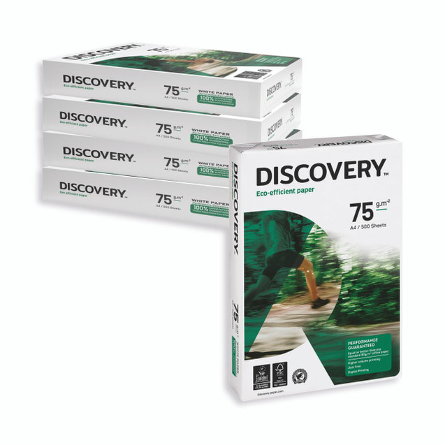 CW Office Discovery WHT A4 Paper 75GSM 5XREAMS, image of four boxes of white A4 paper with eco-efficient label and performance guarantees.