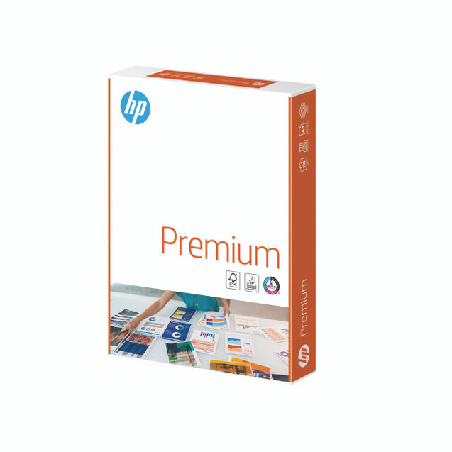 CW Office HP Premium Paper A4 90GSM WHT PK500, Front view of the white packet of premium A4-sized white paper.
