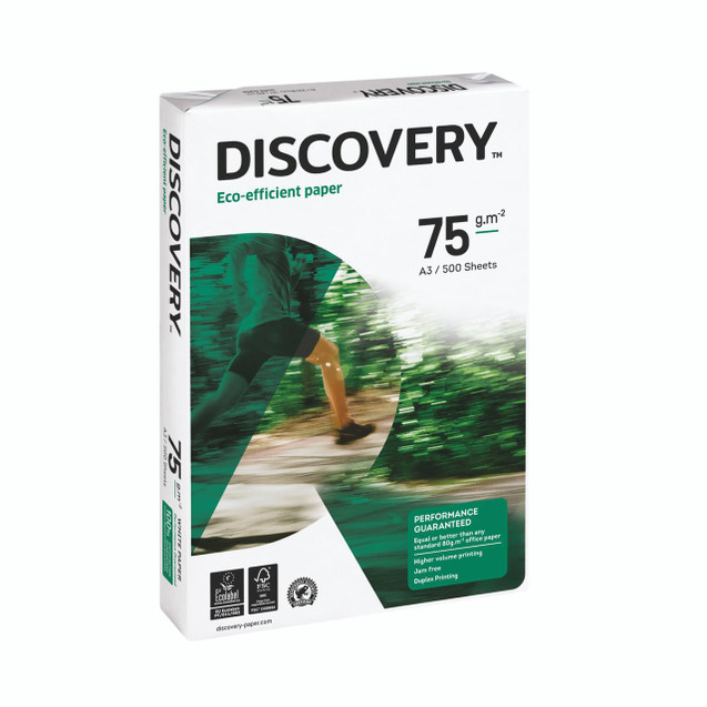 CW Office Discovery A3 WHT Paper Ream 75G P500, white paper ream with green and black packaging design, featuring an image of a person running, with product details such as 75 grams per square meter and 500 sheets.