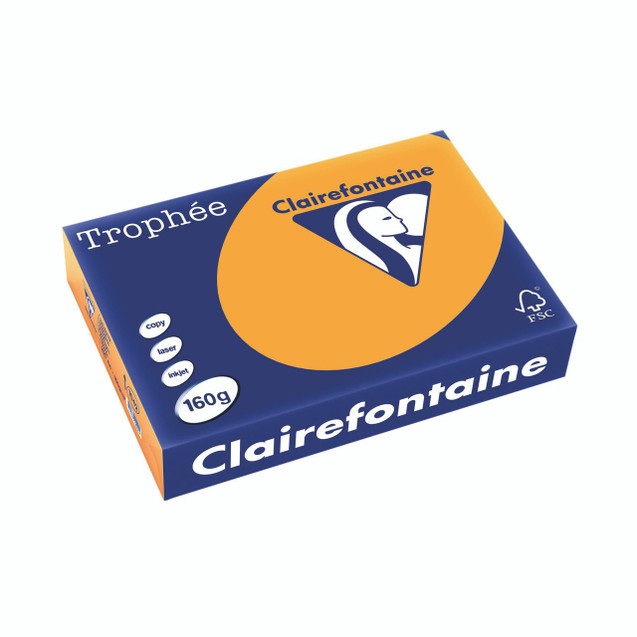 Product CW Office Trophee Card A4 160GM Orange PK250, orange and blue pack of 250 sheets of office paper with Clairefontaine logo.