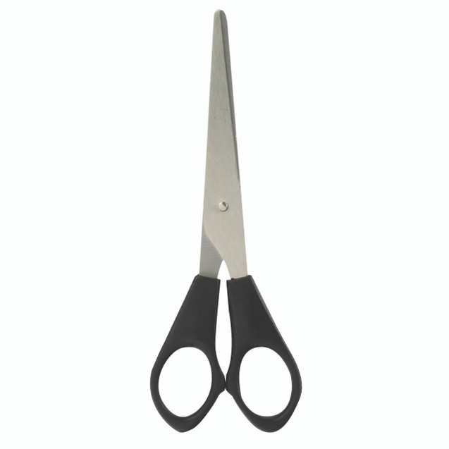CW Office Black Scissors 148MM PK10, stainless steel scissors with black plastic handles for office or craft use.