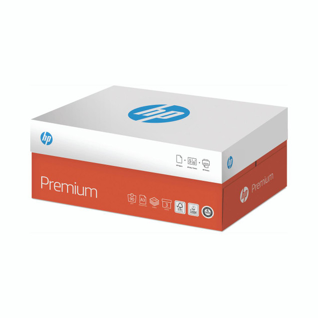 CW Office HP Premium Paper A3 90GSM PK1500, a box of high-quality A3 printing paper in a white and red box with HP logo and product details.