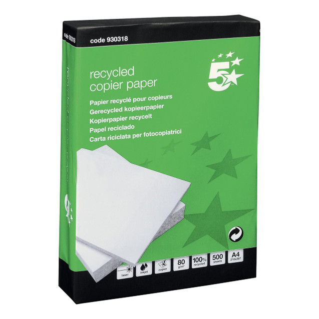 CW Office A4 Copier Paper RCYC White PK2500, Recycled copier paper in a green box with white sheets and star graphics.
