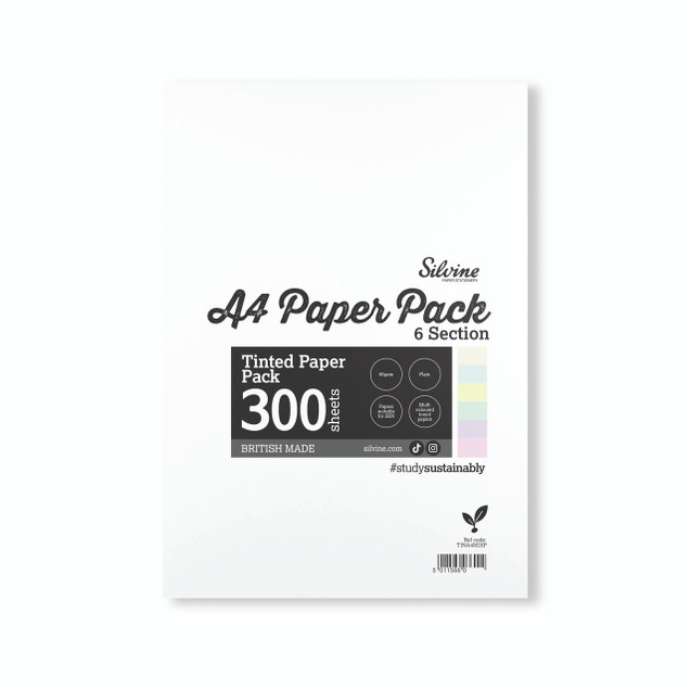 CW Office Silvine Tint Paper Sen Plain A4 PK5, a pack of 300 sheets of plain, tinted A4 size paper for office and school use.