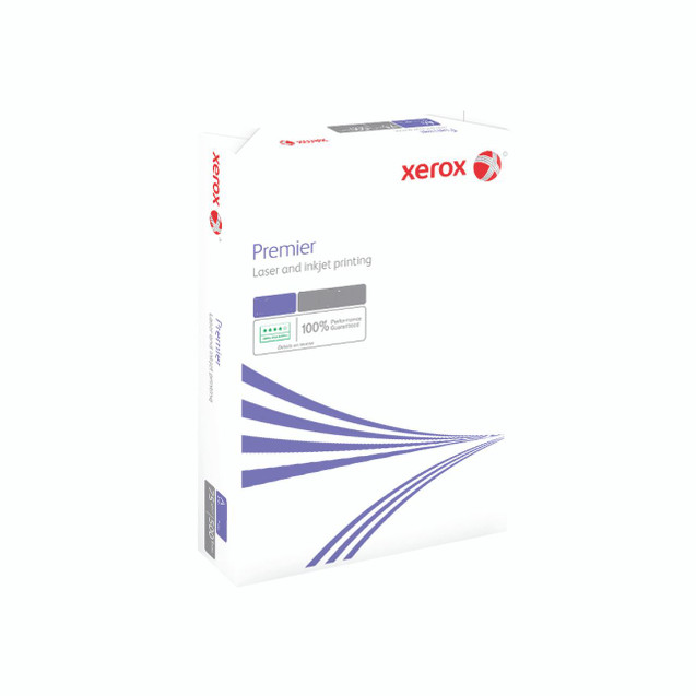 CW Office Xerox Prem A3 Paper 90GSM WHT PK500, box of white A3-sized printer paper with blue and gray design elements and Xerox branding.