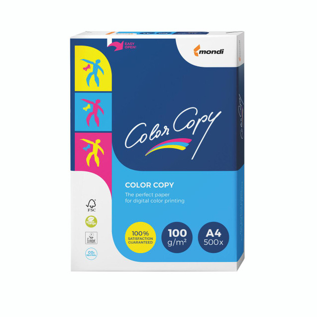 CW Office Color Copy Paper A4 100G WHT PK500, a boxed pack of 500 sheets of white A4 color copy paper with 100 grams per square meter weight designed for digital color printing.