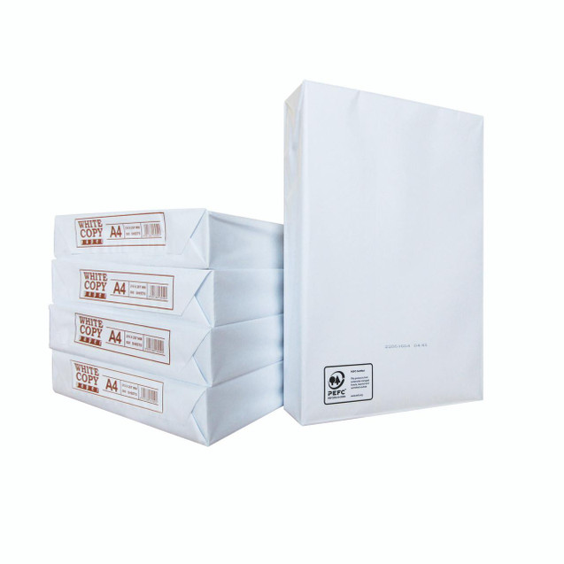 CW Office Copier PPR A4 WHT 5RMS Pallet 48 Bxs, image of white A4 copier paper stacked and on a pallet for office printing needs.
