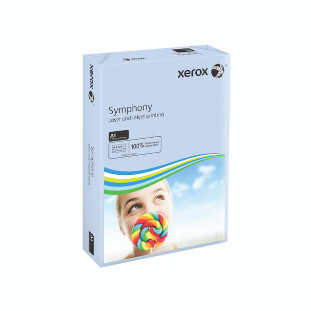 CW Office Xerox Symphony Blue A4 Card 160G PK250, product packaging with a happy woman eating a colorful lollipop on the front.