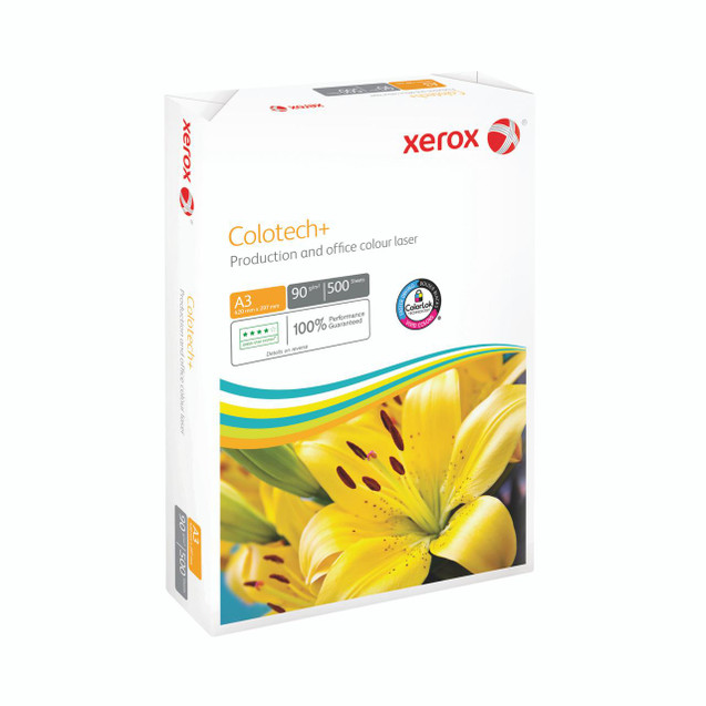 CW Office Xerox Colotech+ A3 90GSM PK500, printing paper package showing a yellow lily flower on the front.