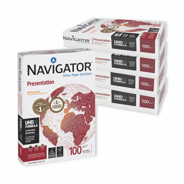 CW Office Navigator Presentation A4 100GM WHT, Pack of four white A4-sized office paper boxes with world map and product details on packaging.