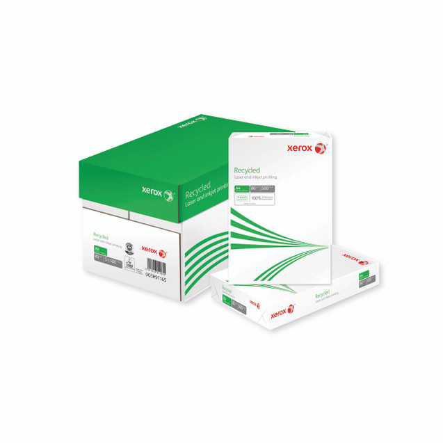 CW Office Xerox Recycl A4 Copier Paper PK2500, eco-friendly recycled white paper for high-quality printing, packaged in a large box and smaller ream for office use.