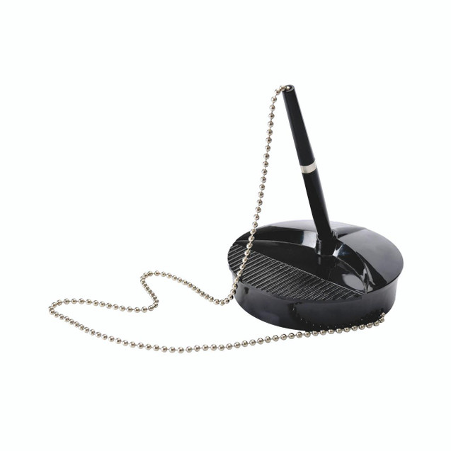 CW Office Fellowes Ballpoint Pen/Chain Black, a black ballpoint pen with a decorative chain and pen holder display stand.