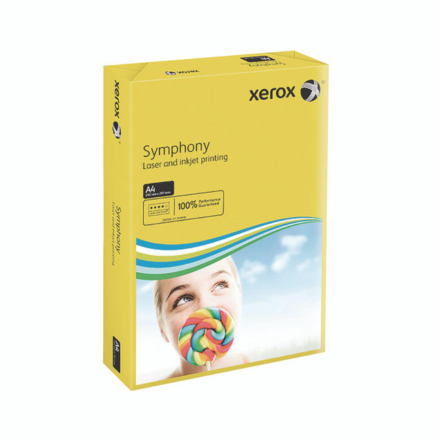 CW Office Xerox Symp A4 Paper 80G Dylw PK500, image of a bright yellow box containing 500 sheets of A4 size copy paper with colorful design and a smiling girl holding a lollipop on the packaging.