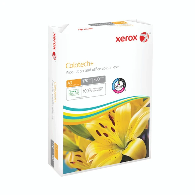 CW Office Xerox Colotech+ A3 120GSM PK500, A3 size high-quality colored laser paper in a white box with a yellow lily flower on the front.