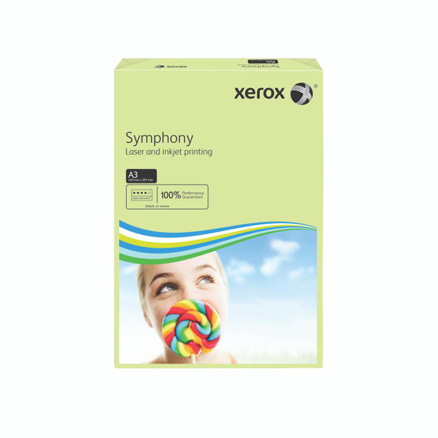 CW Office Xerox Copier A3 Symp Tint GRN PK500, product packaging of Xerox Symph Tape in green color with an image of a woman licking a rainbow-colored lollipop.