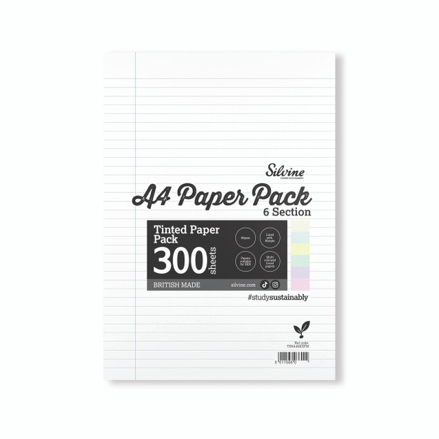 CW Office Silvine Tint Paper Sen Ruled A4 PK5, a pack of 300 pages of lined, tinted paper with multi-colored toning, suitable for school and office use.