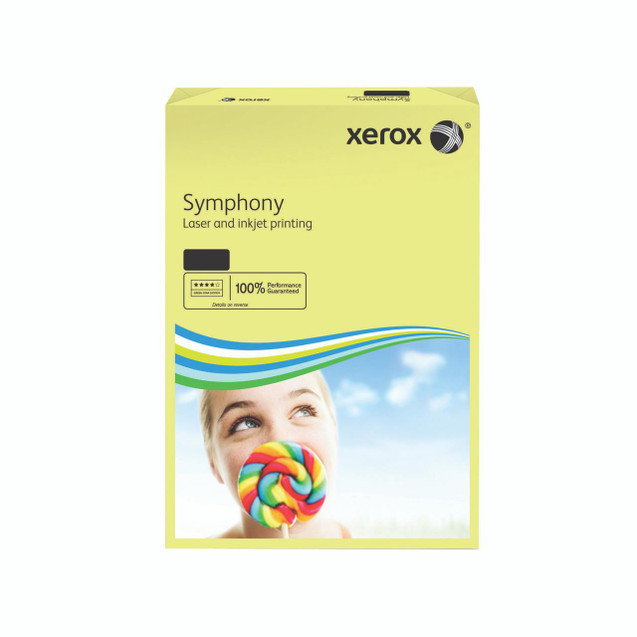 CW Office Xerox Copier A3 Symp Tint Ylw PK500, yellow ink toner cartridge for Xerox printers with colorful packaging and an image of a smiling woman eating a rainbow-colored lollipop.