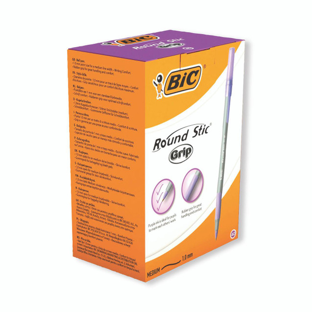 CW Office Bic Round Stic Grip Ball Purple PK40, packaging box showing purple ballpoint pens with ergonomic grip and medium 1.0mm tip for smooth writing.