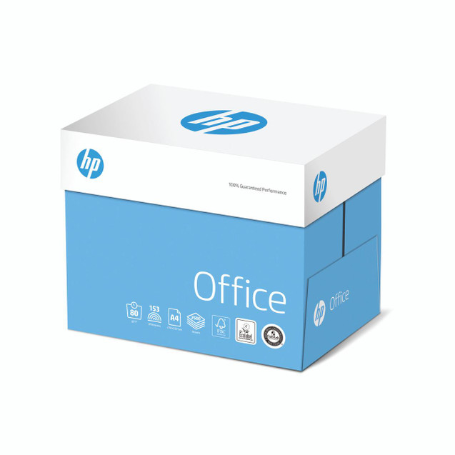 CW Office HP Office A4 80G Quickpack PK2500, blue and white packaging box with HP logo and product details on the front.