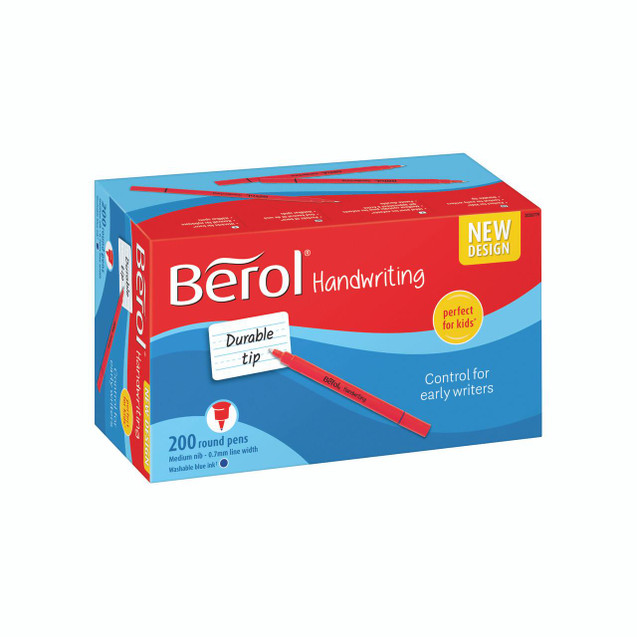 CW Office Berol Handwriting Pen Blue PK200, a box of 200 round pens in blue ink with a durable tip and control designed for early writers.