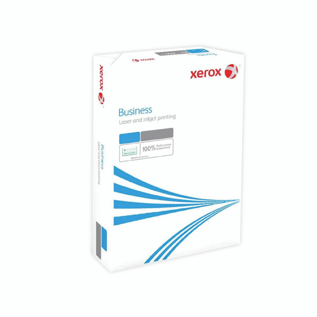 CW Office Xerox BUS A4 80G WHT Paper PK500, white office printing paper packaging with blue and gray design elements.