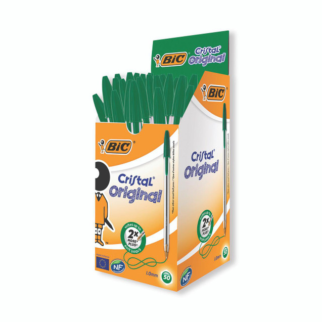 CW Office Bic Cristal Ballpoint Pen Green PK50, pack of 50 green ballpoint pens with transparent barrels and caps.