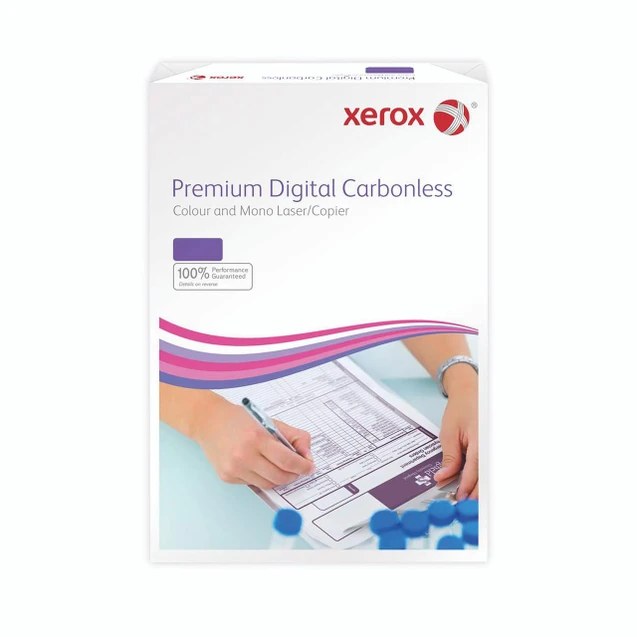 Product CW Office Xerox Prem Cbnl PPR WHT/Pink PK500, white and pink color A4 paper packaging for digital printing or copying.