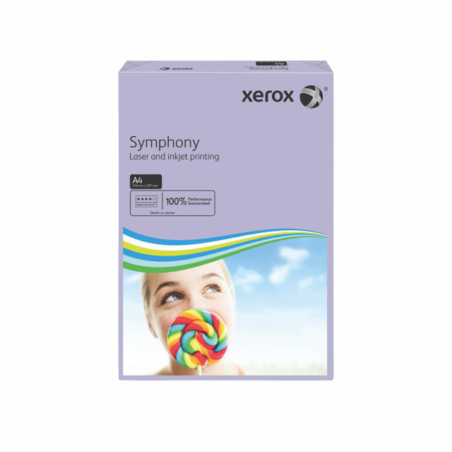 CW Office Xerox Symp A4 Paper 80G Lilac PK500, image of a purple paper box featuring a colorful lollipop and a smiling woman on the packaging.