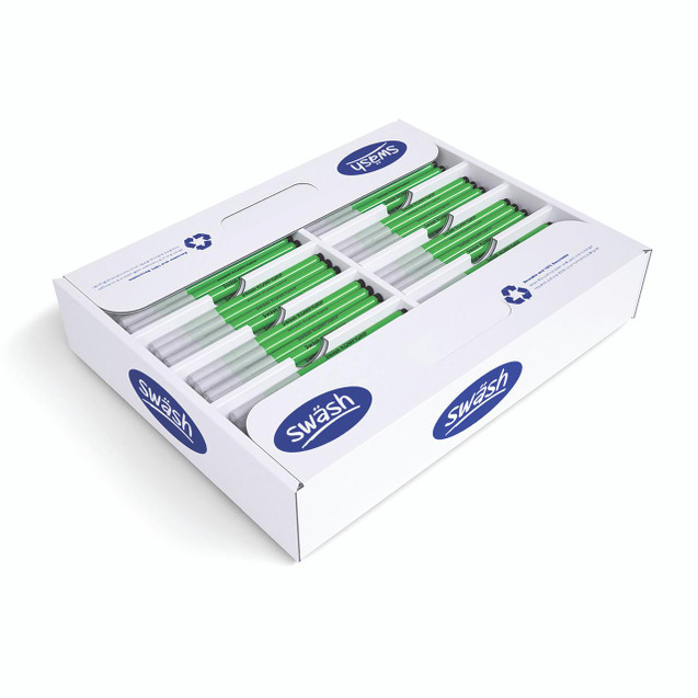 CW Office Swash Handwriting Pens Black 300, a set of black ink pens with green and transparent bodies in a white cardboard box with blue Swash branding.