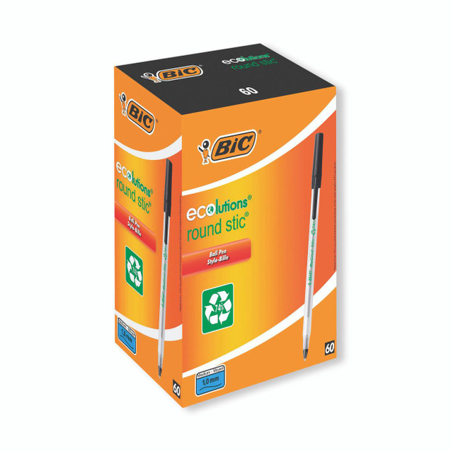 Product CW Office Bic Ecolutions Ball Pen Med BLK P60, box of 60 black ballpoint pens with eco-friendly round silica design.