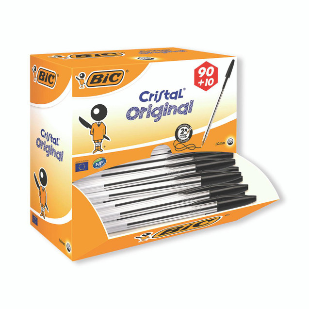 CW Office Bic Cristal Ball Pen Med BLK PK100, pack of 100 black ballpoint pens in a box.