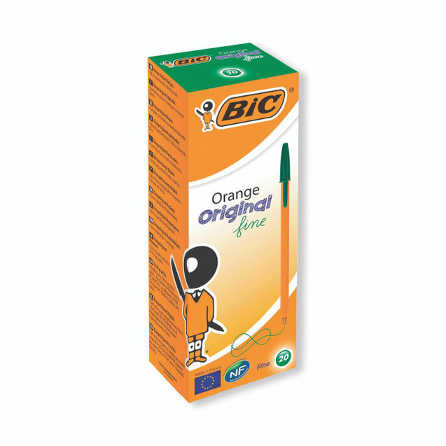 CW Office Bic Orange Cristal Fine GRN PK20, box of 20 orange fine tip ballpoint pens with green caps shown in packaging.