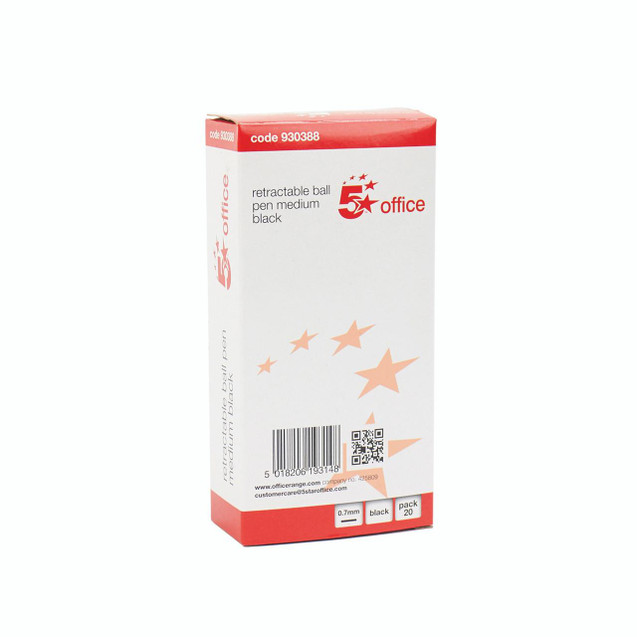 CW Office Retr Ball Pen Medium BLK PK20, a white and red box containing 20 black retractable ballpoint pens with medium tip.