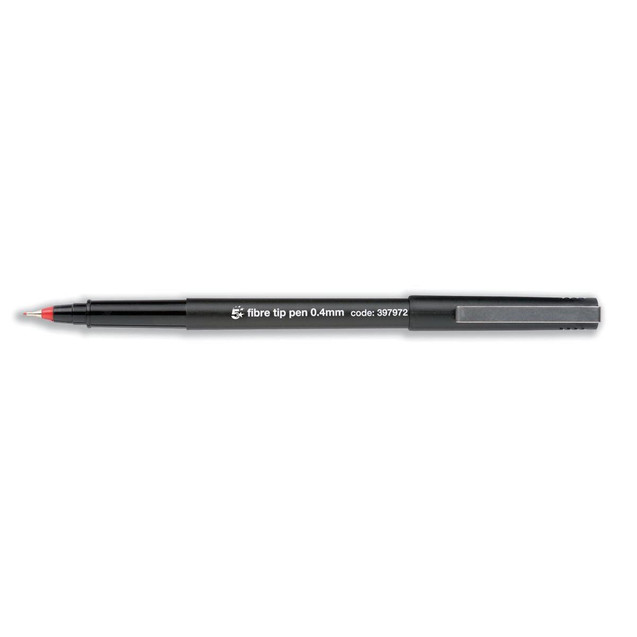 CW Office Fibre Tip Pen Medium Red PK12, a black fiber tip pen with a red tip and a clip for writing and drawing.