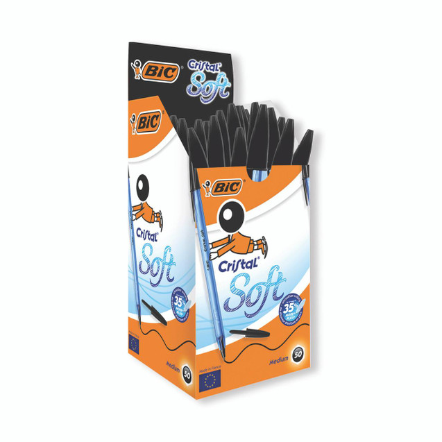Product CW Office Bic Cristal Soft Black Pen Pack of 50, image showing a box of black ballpoint pens with blue accents and packaging highlighting 35% smoother writing.