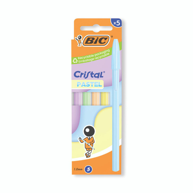 CW Office Bic Cristal Ball Pen AST Pstl/BLU P5, pastel blue ballpoint pen with 5-pack of colorful ink refills for smooth writing.