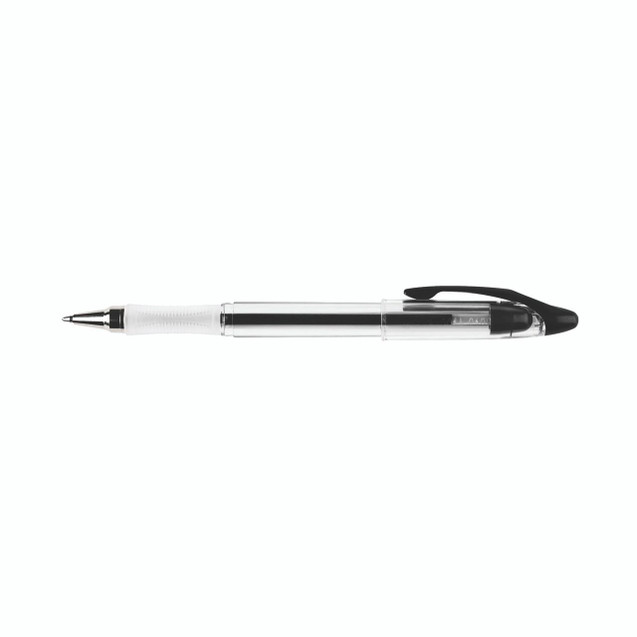 CW Office Q-Connect Delta Ball Pen BLK PK12, black ink ballpoint pen with a transparent barrel and black clip.