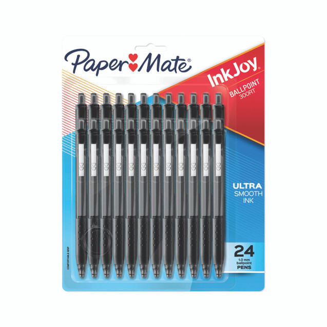 CW Office Papermate Inkjoy Ballpoint BLK PK24, pack of 24 black ink ballpoint pens on blister pack with blue, red, and white packaging design.