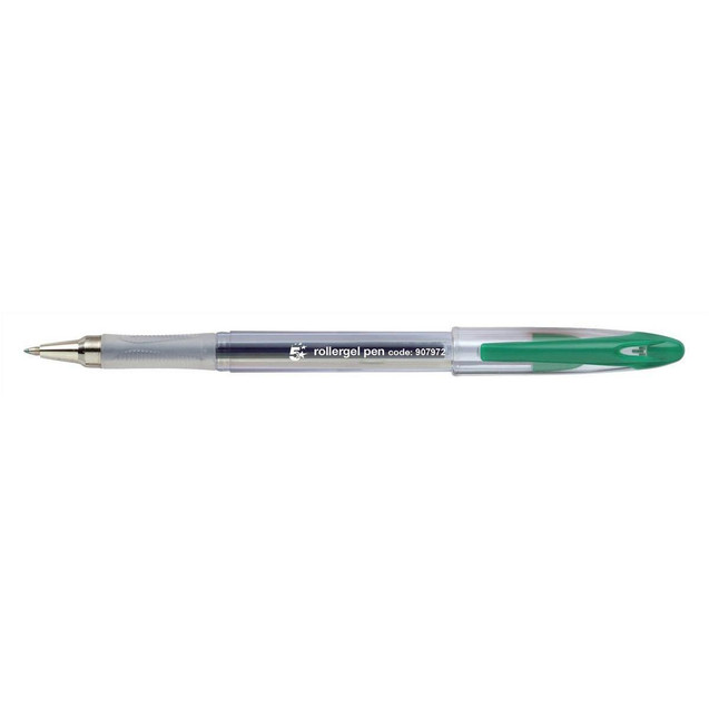 CW Office Roller Gel Pen Clear Barrel GRN PK12, transparent gel pen with a green clip and grip, black ink, and a clear main barrel showing the ink level.