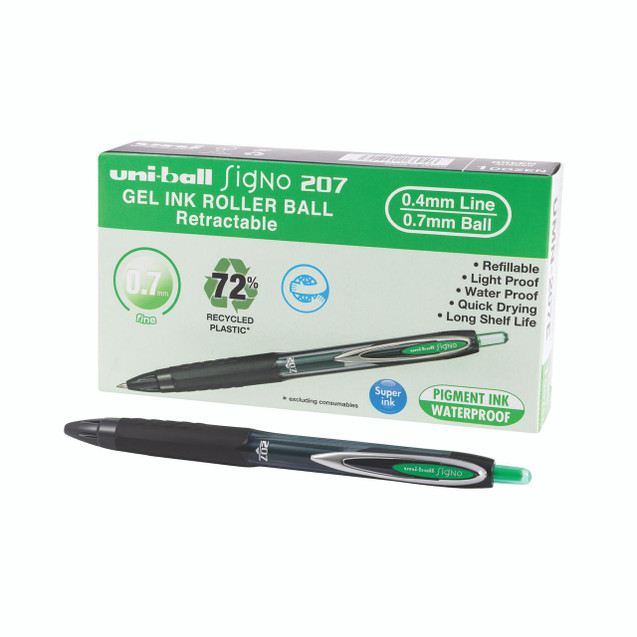 CW Office Uni-Ball Signo 207 Gel Green PK12, green and black gel ink roll-on pens with retractable tip and waterproof, lightproof, quick-drying ink in packaging box.