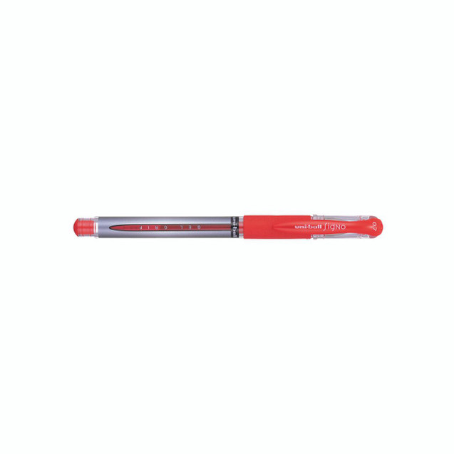 CW Office Uniball Gel Grip Rollerball Red PK12, a red and silver rollerball pen with a cushioned grip for smooth writing and precision in a pack of 12.
