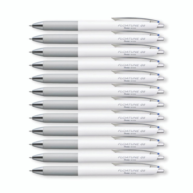 CW Office Floatune Retr Rollerball Blue PK12, set of 12 white and gray rollerball pens with blue accents and clip
