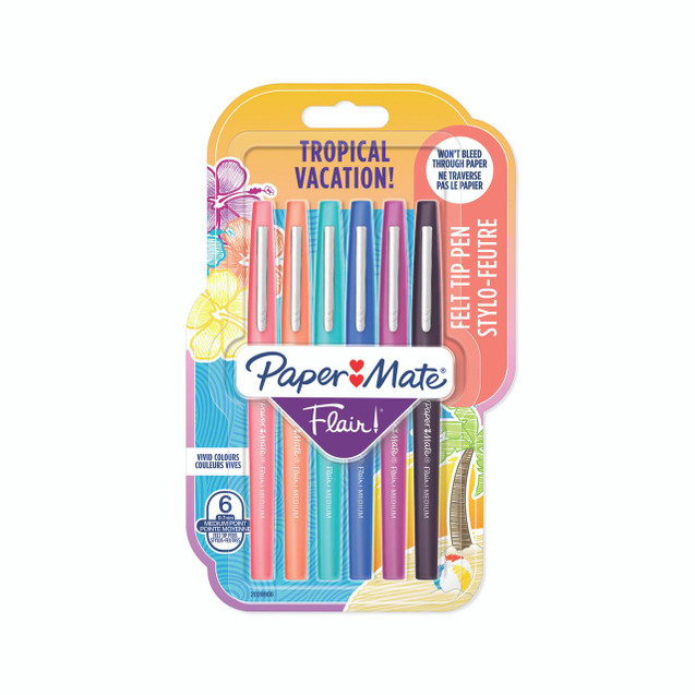 CW Office Paper Mate Flair Felt Pen 0.7 Trp PK6, set of six colorful felt tip pens in packaging with tropical vacation theme and vibrant colors.
